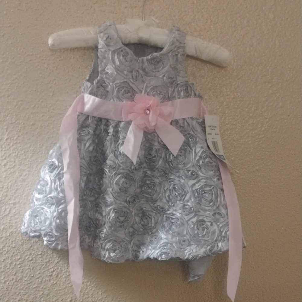 Floral Gray Dress with Pink Ribbon